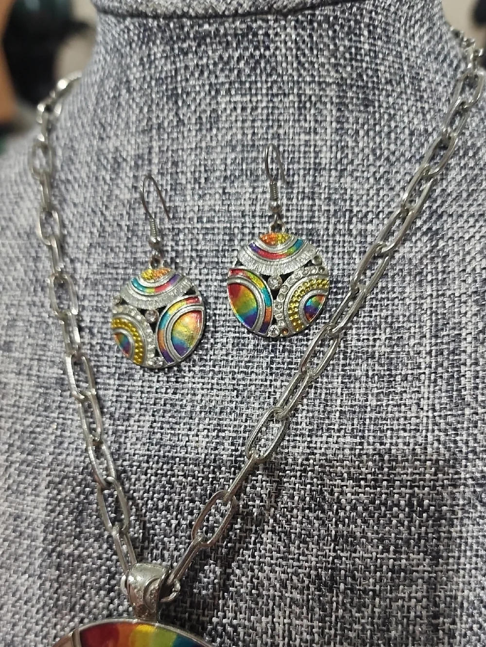 Rainbow Enamel Abstract Pendant Necklace & Earrings Set Rhinestone Silver Tone